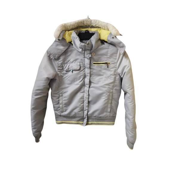 Roxy Faux Fur Hooded Snow Ski Jacket Coat Grey Yellow Girls Medium FLAWS